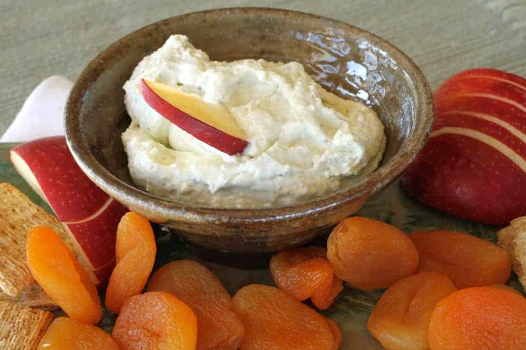 Blue Cheese Chive Dip with apples, crackers, pears and dried apricots. 