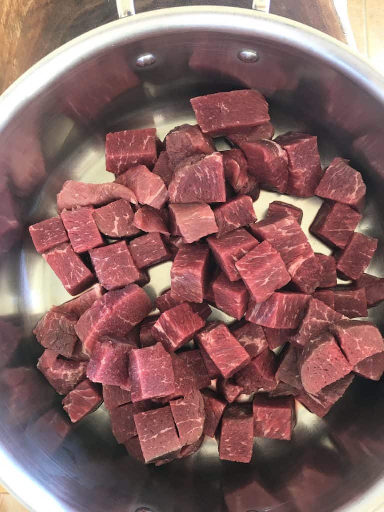 beef cubes in pan