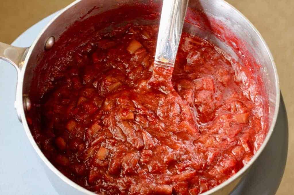 cooked Rhubarb Ginger Jam in saucepan