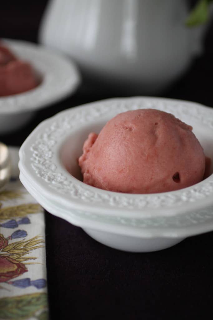 Rhubarb Sorbet scoop in a dish