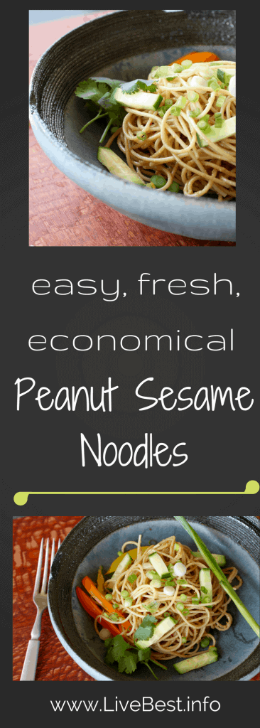 Peanut Sesame Noodle Bowl Recipe | Use leftover pasta to create a refreshing delish vegetarian salad. Real food naturally. www.LiveBest.info