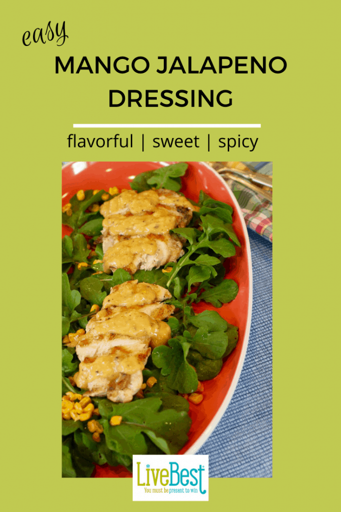 Mango jalapeno dressing over chicken with arugula