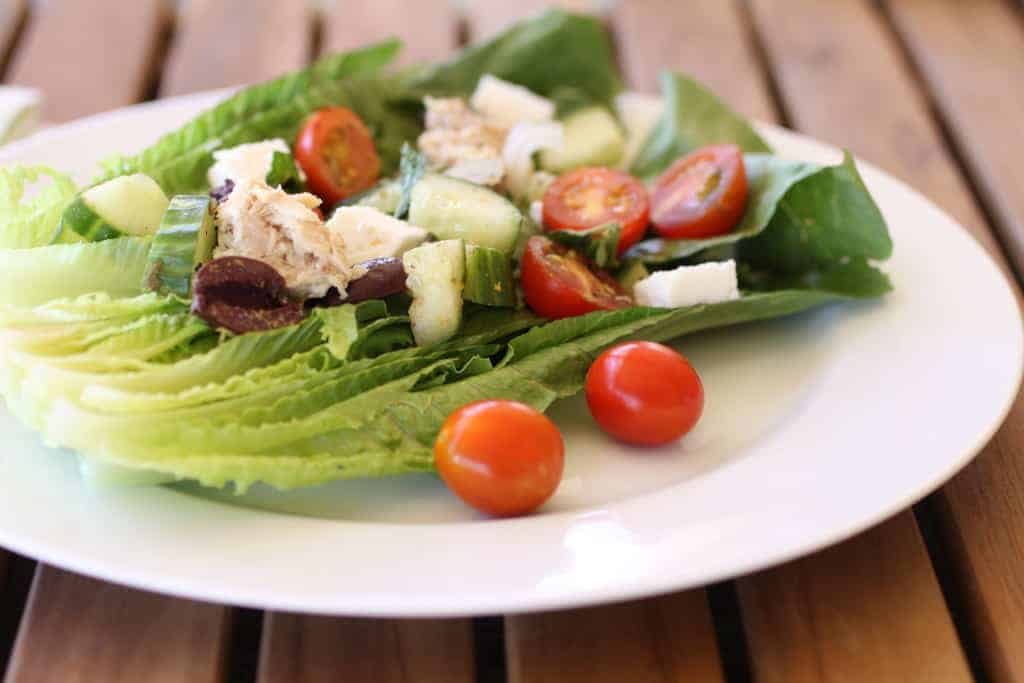 Greek Salad with Beans and Tuna on plate