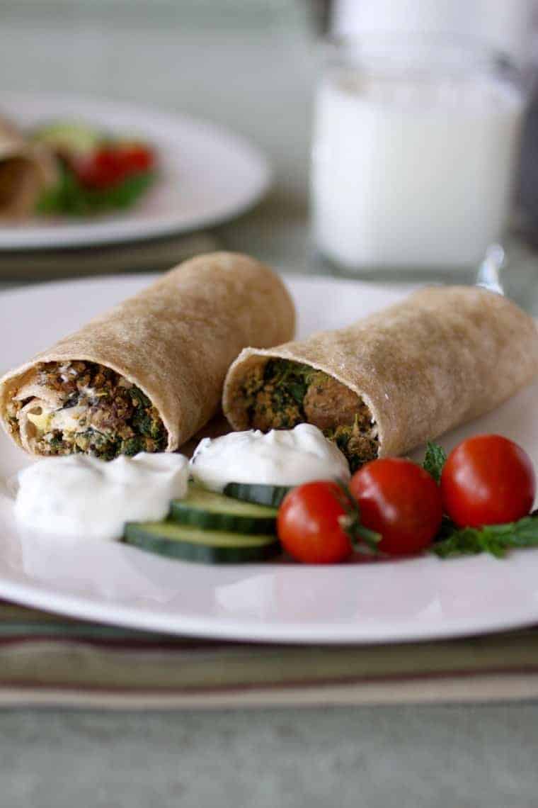 Gyros Breakfast Burritos recipe | I love this recipe because the ingredients are super flavorful. Plus it meets my nutrition recommendation that a breakfast include at least 3 foods groups. The beef, cheese, and yogurt add protein, the spices boost the antioxidants and with all that spinach, even Popeye would pull up a chair! www.LiveBest.info