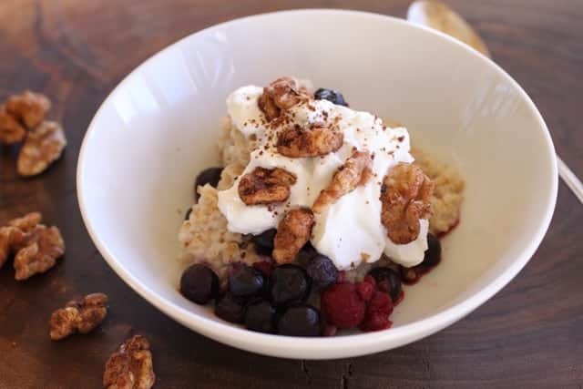 Chai Walnuts on oatmeal and yogurt with berries on the side