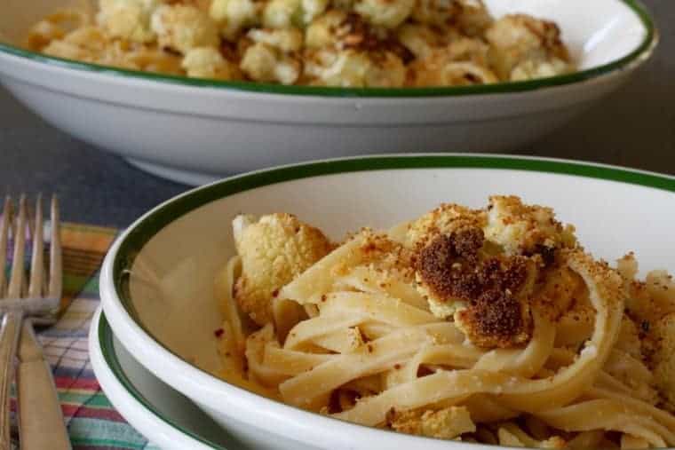 Roasted Cauliflower Fettuccine | Lower in calories but not flavor, this is a stealth health recipe! Use stems for flavor and reduce food waste! www.LiveBest.info