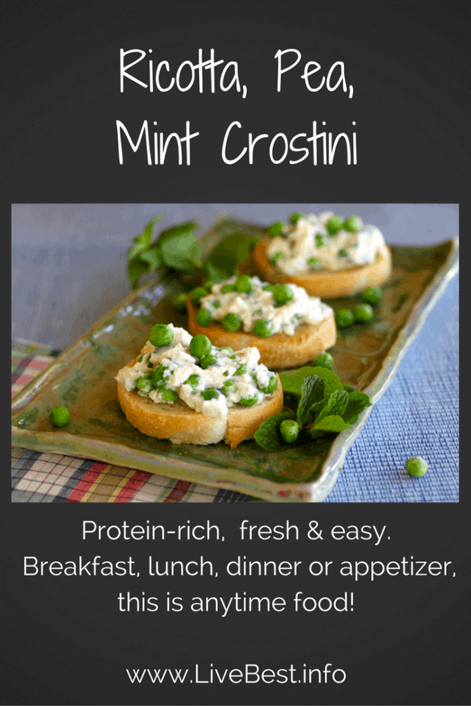 3 Ricotta Pea Crostini on a plate 