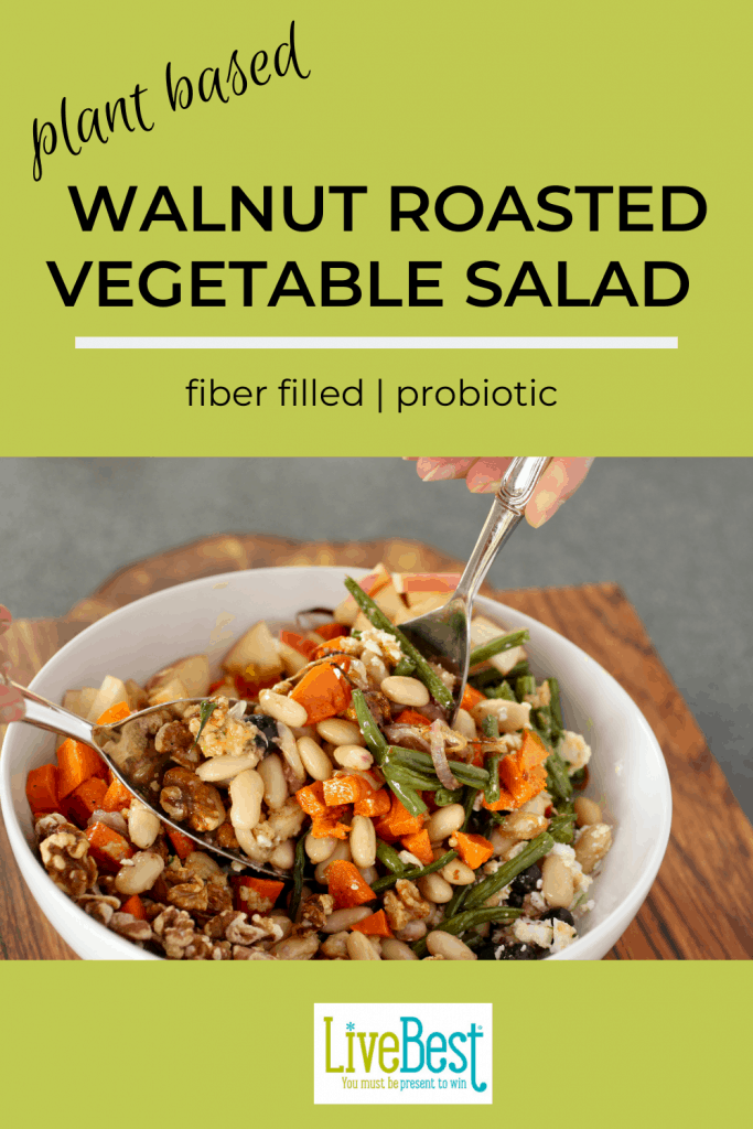 bowl of roasted vegetable and walnut salad