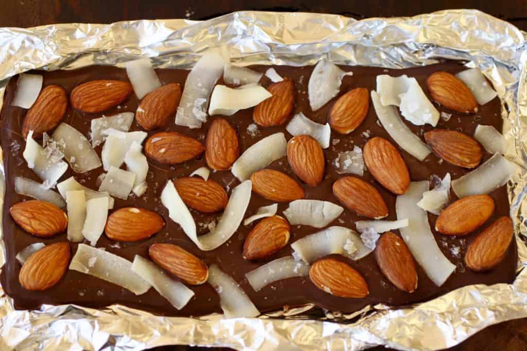 Coconut Almond Bark in foil tray