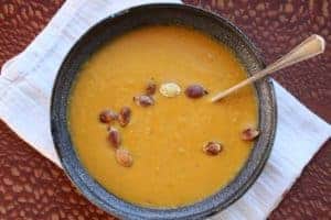 Thai Squash Soup bowl with toasted squash seeds