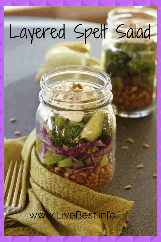 Layered Spelt Salad in a jar with celery, red cabbage, cucumber and broccoli