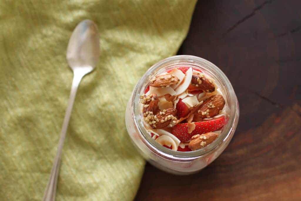 Strawberry Coconut Almond Overnight Oats in a jar