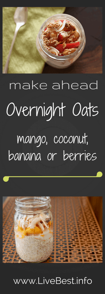 Mango Coconut Overnight Oats | An easy make-ahead recipe! Mango, strawberries, almond butter, crystallized ginger, coconut, oats, yogurt are worth waking up for. This is one quick and easy breakfast. www.LiveBest.info