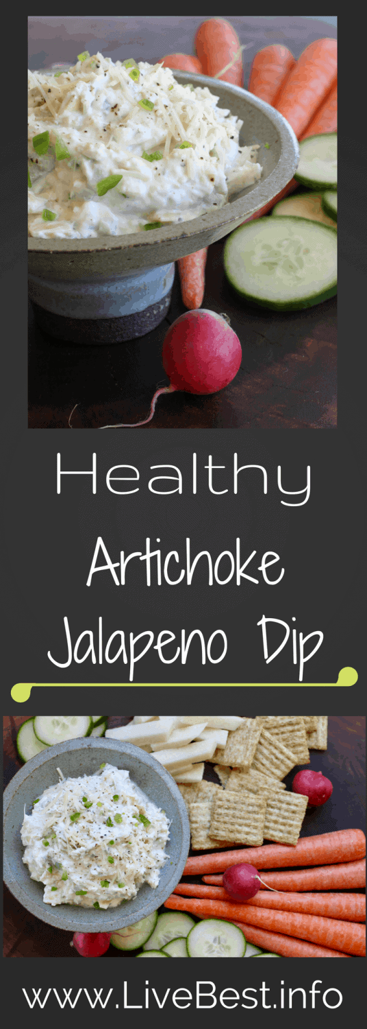 Artichoke Jalapeño Dip | A seriously delicious healthy dip! Artichokes, yogurt, Parmesan cheese plus protein and calcium. I LOVE this dip! www.LiveBest.info