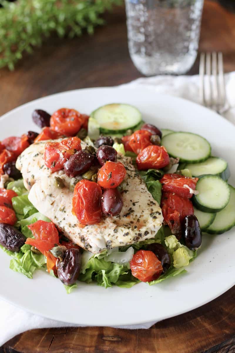 Greek Chicken Salad with roasted tomatoes and olives