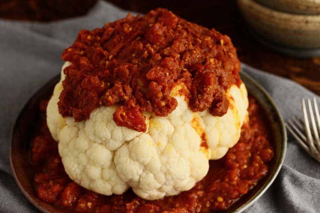 Cauliflower with Spicy Tomato Sauce poured over 