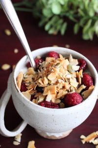 Coconut Seed Clusters in a cup of cottage cheese and raspberries