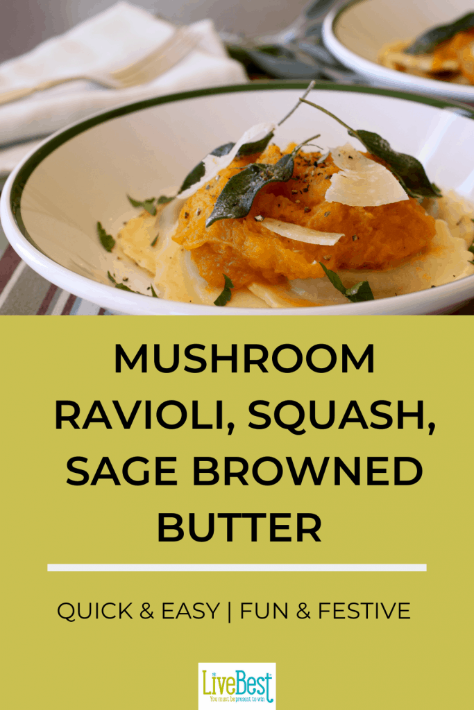 bowl of ravioli topped with squash and fried sage leaves