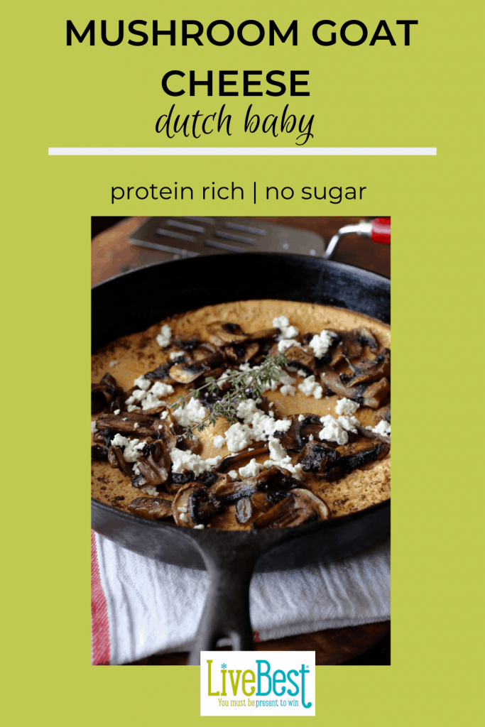 pinterest image of mushroom goat cheese dutch baby in cast-iron skillet