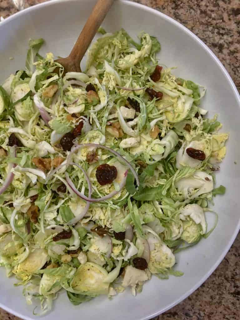 overhead photo of shaved brussels sprout salad