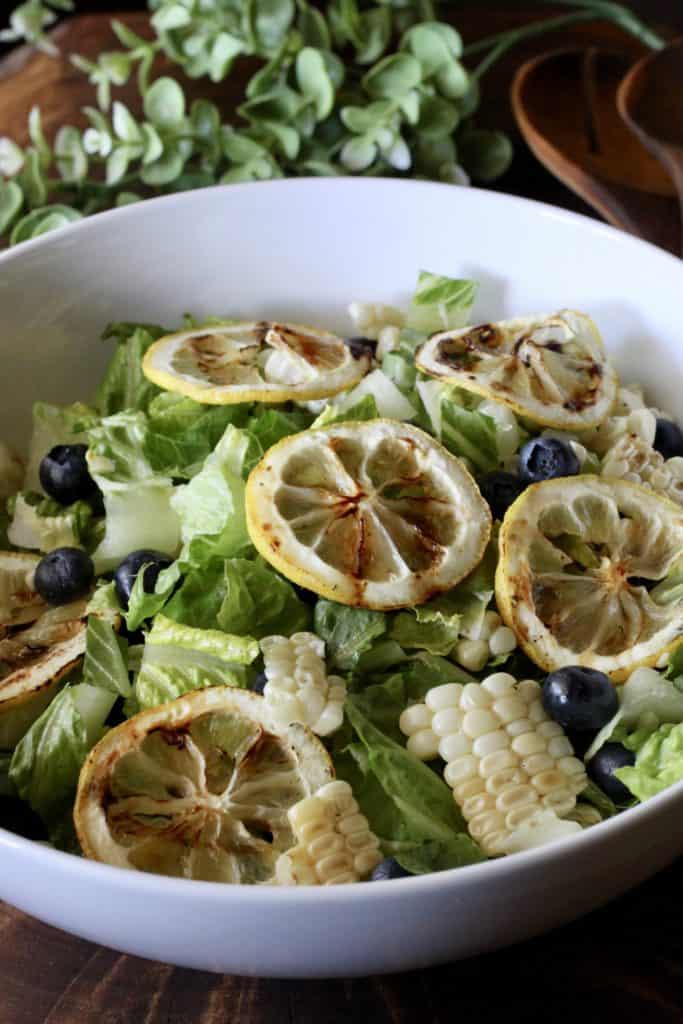 salad with grilled lemon and corn plus fresh blueberries