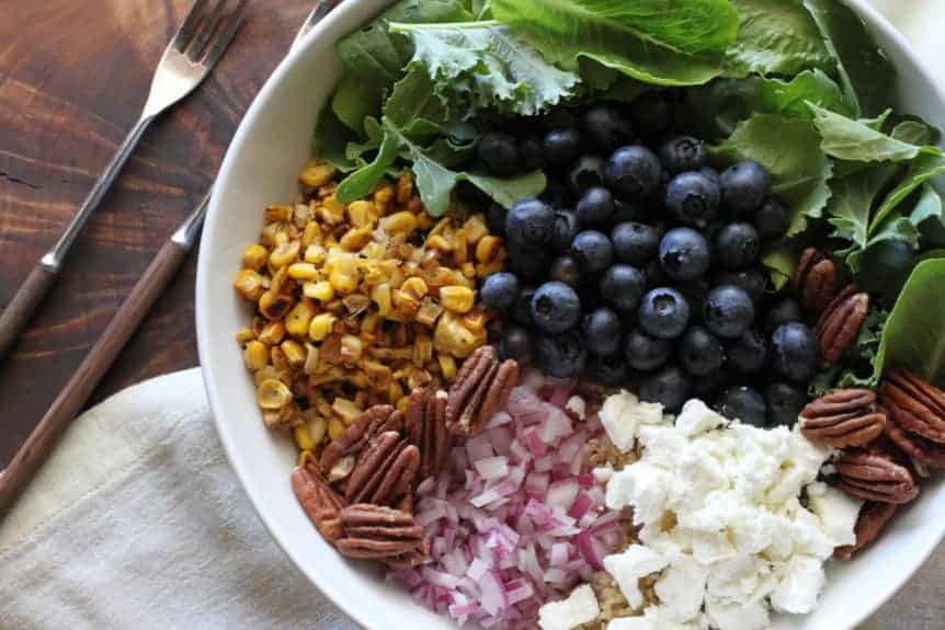 quinoa, blueberry, corn, pecan salad