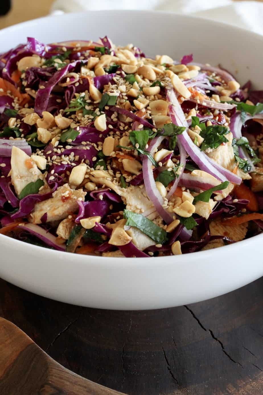 bowl of red cabbage, carrots and chicken slaw