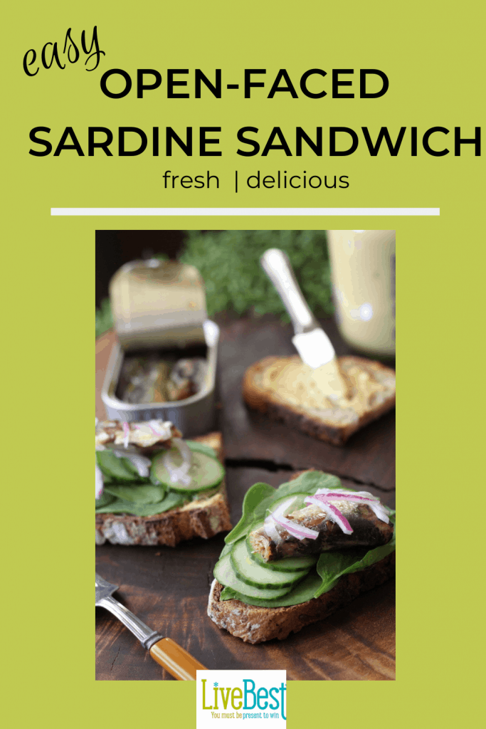 open-faced sardine sandwich layered with spinach, cucumber, sardines and red onion