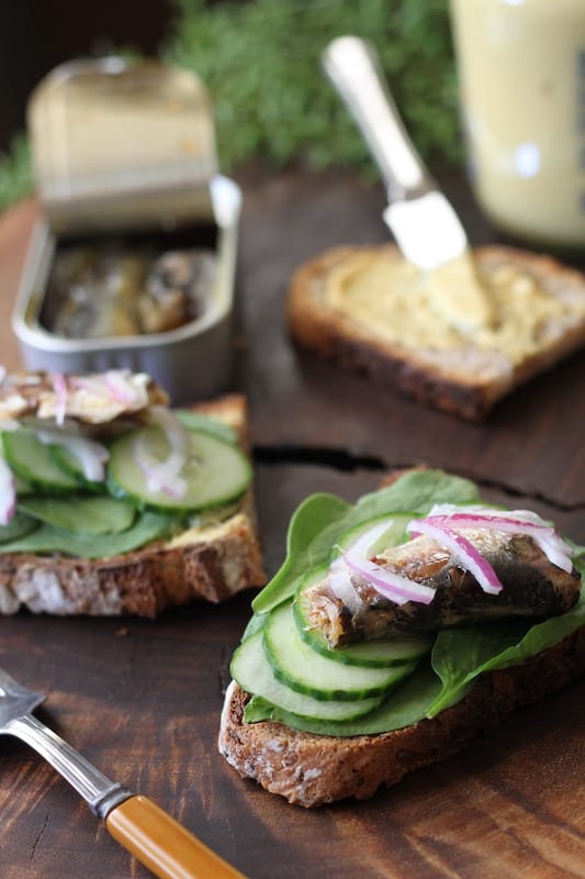 open-faced sardine sandwich layered with spinach, cucumber, sardines and red onion