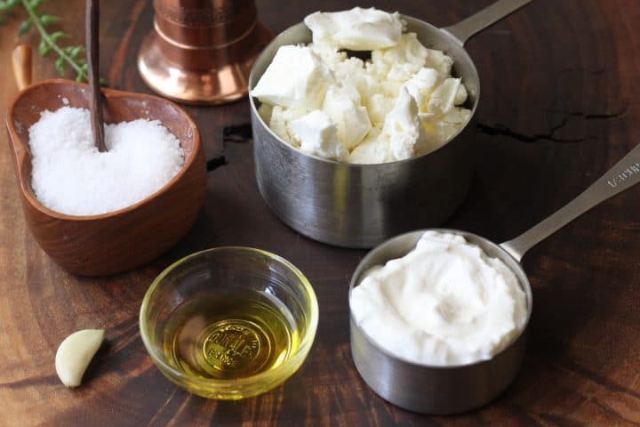 feta, yogurt, olive oil and garlic ready to make whipped feta