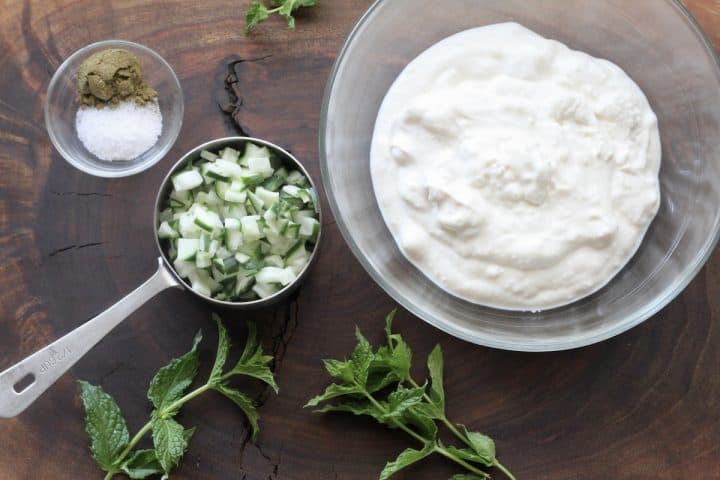 plain yogurt, chopped cucumber, garlic, spices and fresh herbs