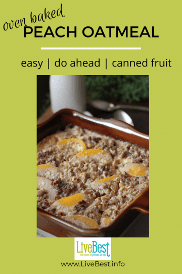 baked peach oatmeal in a pan with milk in background