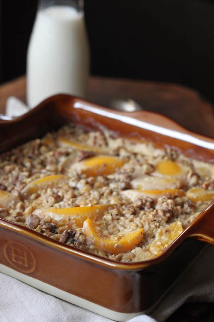 pan of baked peach oatmeal