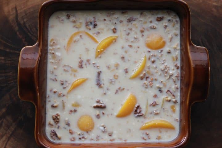 Peach baked oatmeal ready for the oven.