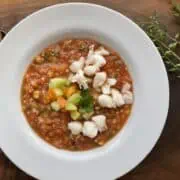 bowl of gazpacho with crab and cucumber